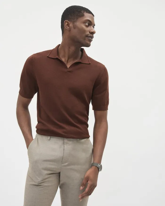 RWandCO Polos ShortSleeve Cotton Polo Sweater With Johnny Collar Intense Fudge 8211 Men