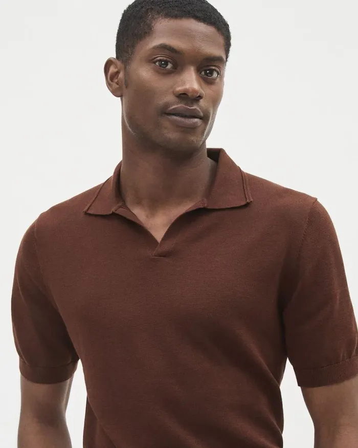 RWandCO Polos ShortSleeve Cotton Polo Sweater With Johnny Collar Intense Fudge 8211 Men