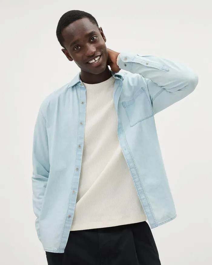 RWandCO Shirts LongSleeve Denim Shirt With Chest Pocket Bleach Denim 8211 Men