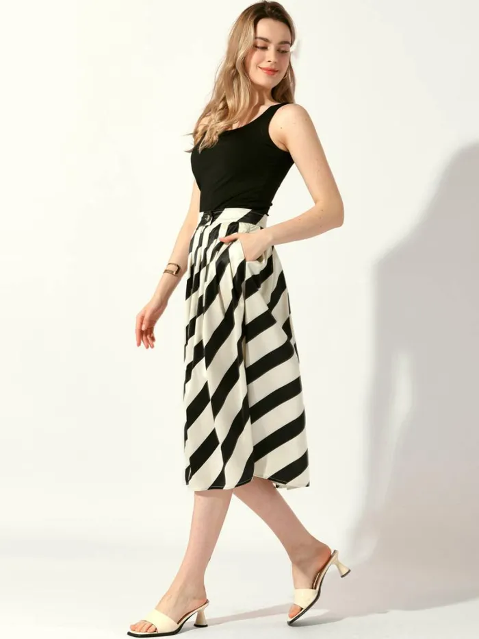 RWandCO Skirts Allegra K 8211 Vintage Striped Midi Skirt High Waist Black Apricot 8211 Women