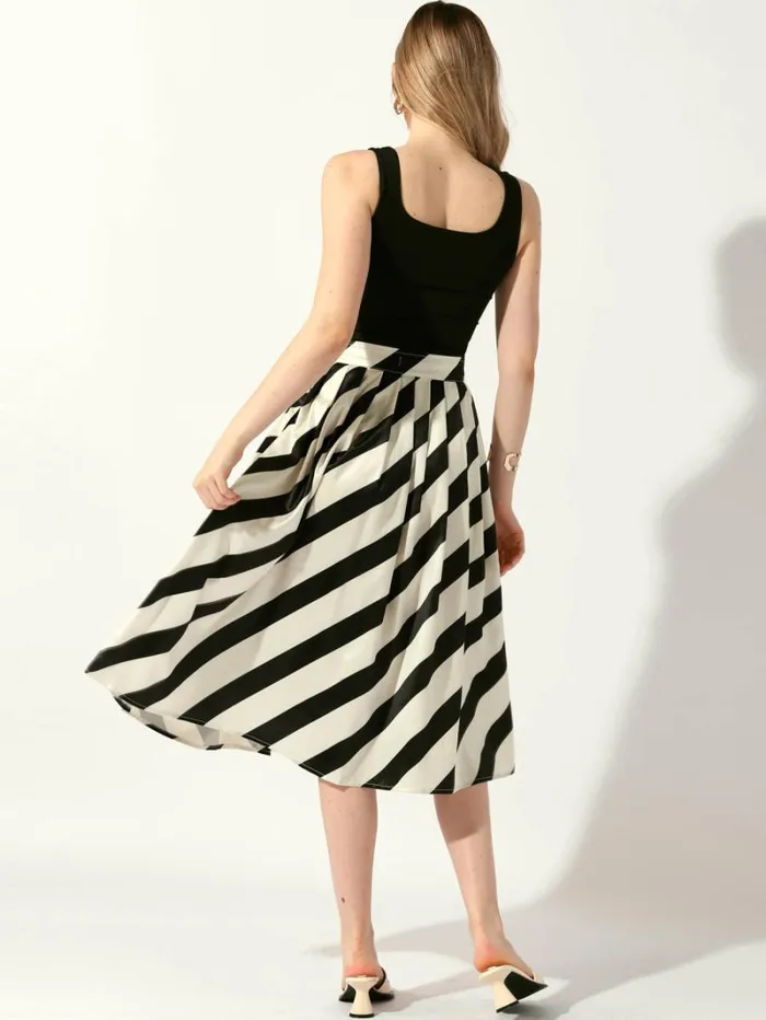 RWandCO Skirts Allegra K 8211 Vintage Striped Midi Skirt High Waist Black Apricot 8211 Women