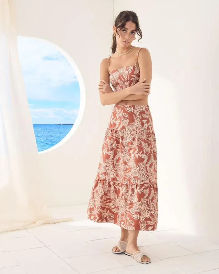 RWandCO Skirts HighRise ALine Midi Skirt Etruscand Red Leaf Multi 8211 Women