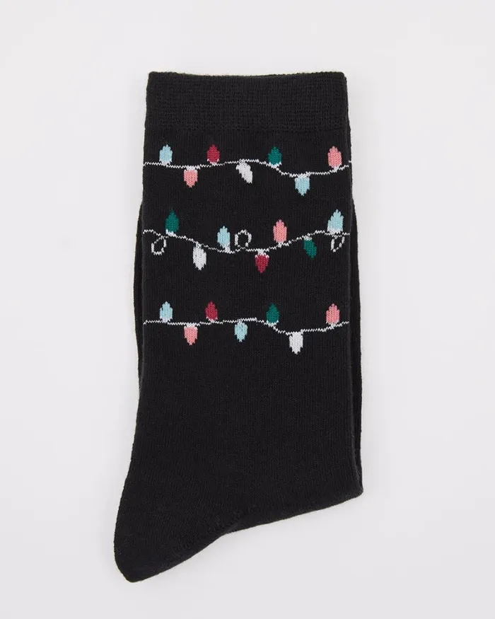 RWandCO Socks and Tights Cotton Socks With Christmas Lights Black Multi8211 8211 Women