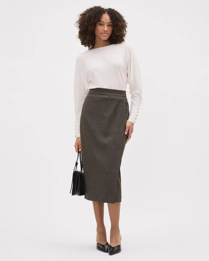 RWandCO Suiting Skirts Tweed Pencil Midi Skirt With Wrap Detail Black And Brown Tweed 8211 Women