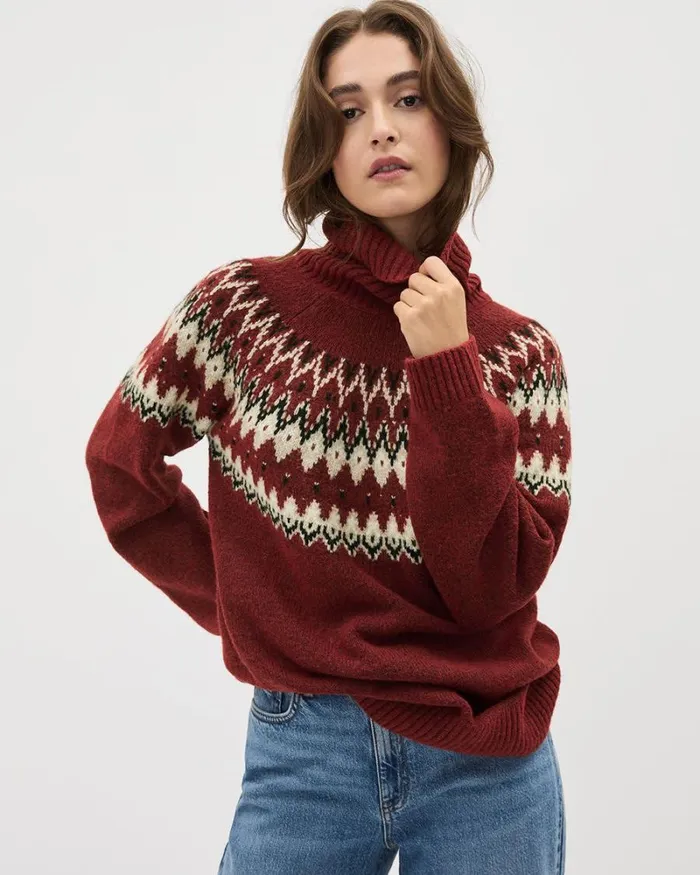 RWandCO Sweaters and Cardigans Chunky Turtleneck Sweater With Fair Isle Pattern Winery Multi 8211 Women