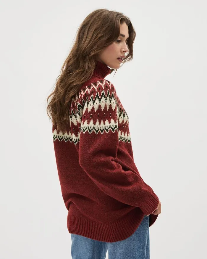 RWandCO Sweaters and Cardigans Chunky Turtleneck Sweater With Fair Isle Pattern Winery Multi 8211 Women RWandCO Sweaters and Cardigans Chunky Turtleneck Sweater With Fair Isle Pattern Winery Multi 8211 Women