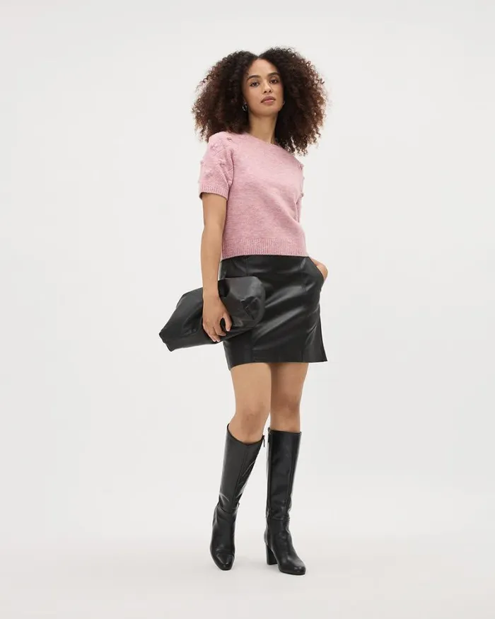 RWandCO Sweaters and Cardigans ElbowSleeve CrewNeck Spongy Pullover With 3D Flowers Soft Pink Mix 8211 Women RWandCO Sweaters and Cardigans ElbowSleeve CrewNeck Spongy Pullover With 3D Flowers Soft Pink Mix 8211 Women