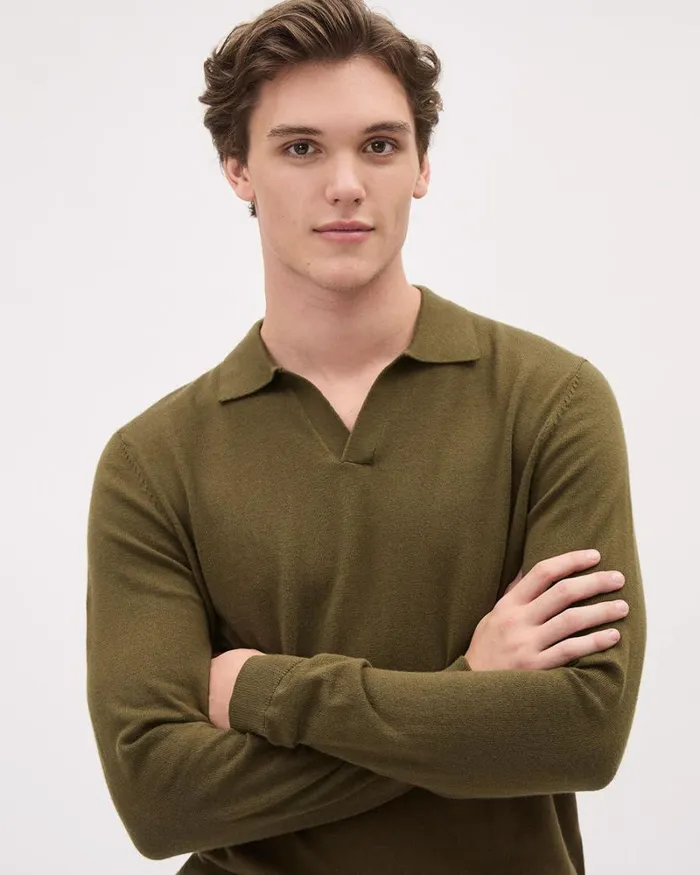 RWandCO Sweaters and Cardigans LongSleeve Cotton Sweater Polo With Johnny Collar Palmer Green 8211 Men RWandCO Sweaters and Cardigans LongSleeve Cotton Sweater Polo With Johnny Collar Palmer Green 8211 Men
