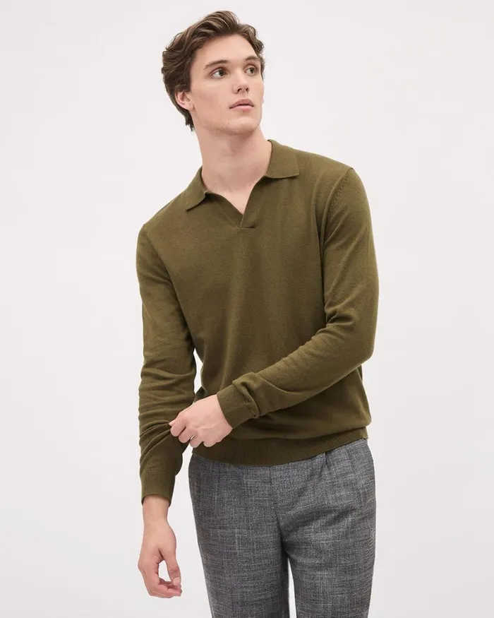 RWandCO Sweaters and Cardigans LongSleeve Cotton Sweater Polo With Johnny Collar Palmer Green 8211 Men