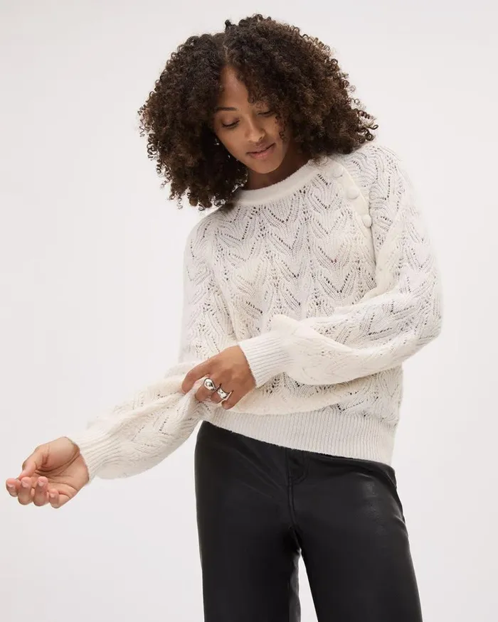 RWandCO Sweaters and Cardigans LongSleeve CrewNeck Sweater With Buttons At Shoulder Snow White 8211 Women