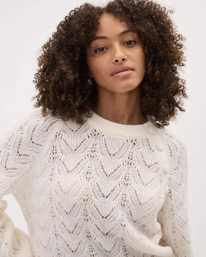 RWandCO Sweaters and Cardigans LongSleeve CrewNeck Sweater With Buttons At Shoulder Snow White 8211 Women RWandCO Sweaters and Cardigans LongSleeve CrewNeck Sweater With Buttons At Shoulder Snow White 8211 Women