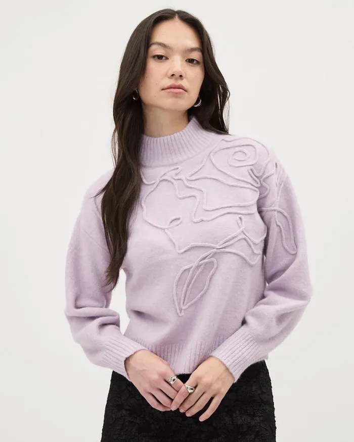 RWandCO Sweaters and Cardigans LongSleeve TurtleNeck Pullover With Flower Embroidery Lavender Frost 8211 Women RWandCO Sweaters and Cardigans LongSleeve TurtleNeck Pullover With Flower Embroidery Lavender Frost 8211 Women