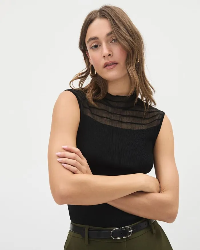 RWandCO Tops Black ExtendedSleeve Textured Top With Sheer Stripes Black 8211 Women