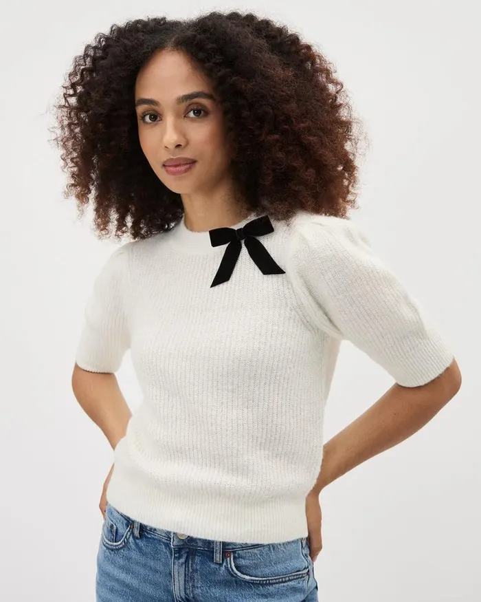 RWandCO Tops ElbowSleeve CrewNeck Pullover With Bow Snow White 8211 Women