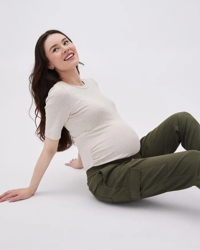 RWandCO Tops ShortSleeve CrewNeck Top 8211 Thyme Maternity Oatmeal Mix 8211 Women