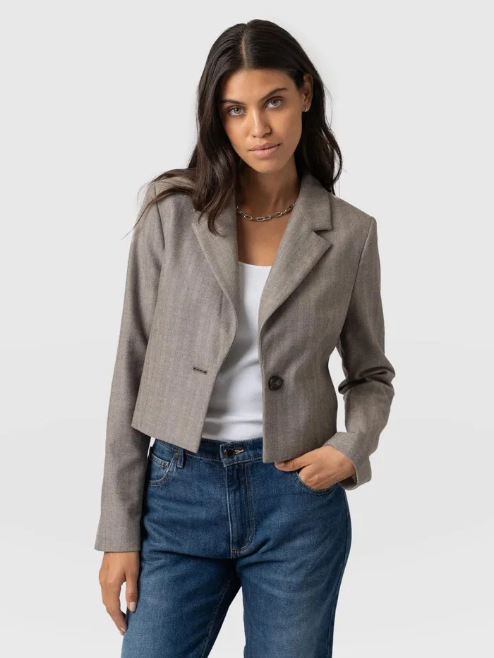 Saint And Sofia Blazers Women Astrid Cropped Blazer 8211 Brown Herringbone Brown Herringbone