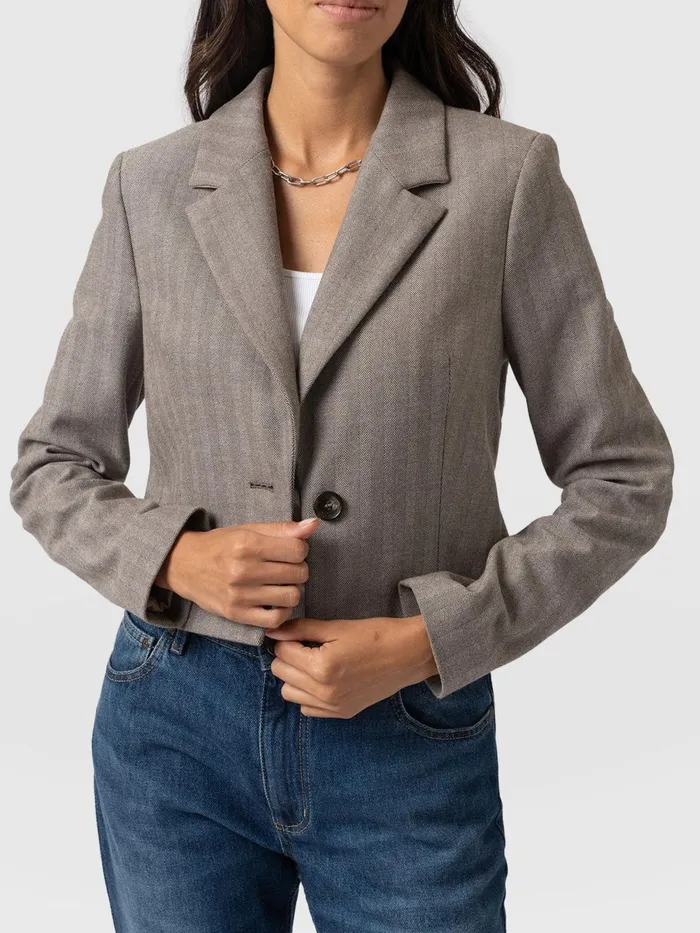 Saint And Sofia Blazers Women Astrid Cropped Blazer 8211 Brown Herringbone Brown Herringbone