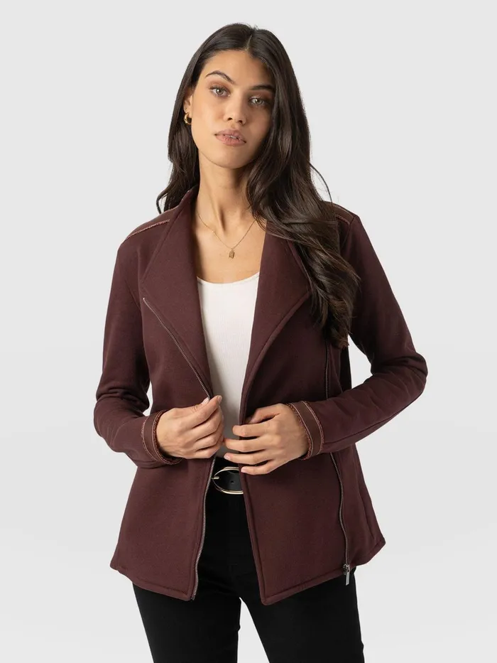 Saint And Sofia Coats and Jackets Women Cotton Biker Jacket 8211 Maroon 8211 Bronze Stripe Bronze Stripe