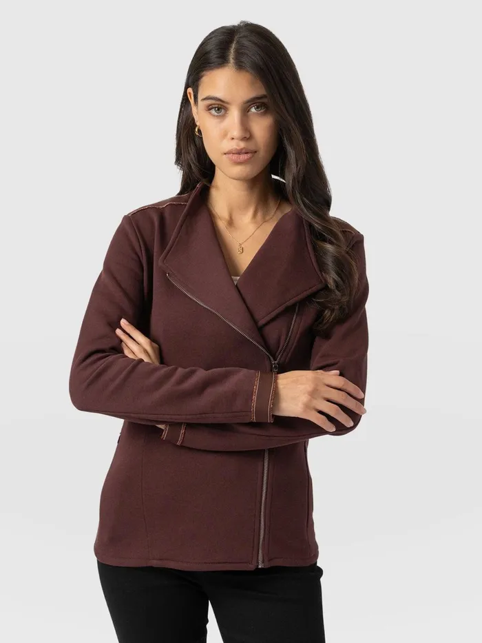 Saint And Sofia Coats and Jackets Women Cotton Biker Jacket 8211 Maroon 8211 Bronze Stripe Bronze Stripe