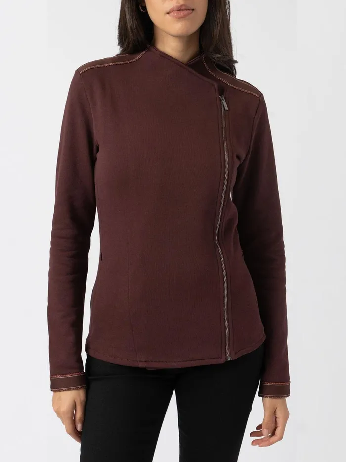 Saint And Sofia Coats and Jackets Women Cotton Biker Jacket 8211 Maroon 8211 Bronze Stripe Bronze Stripe