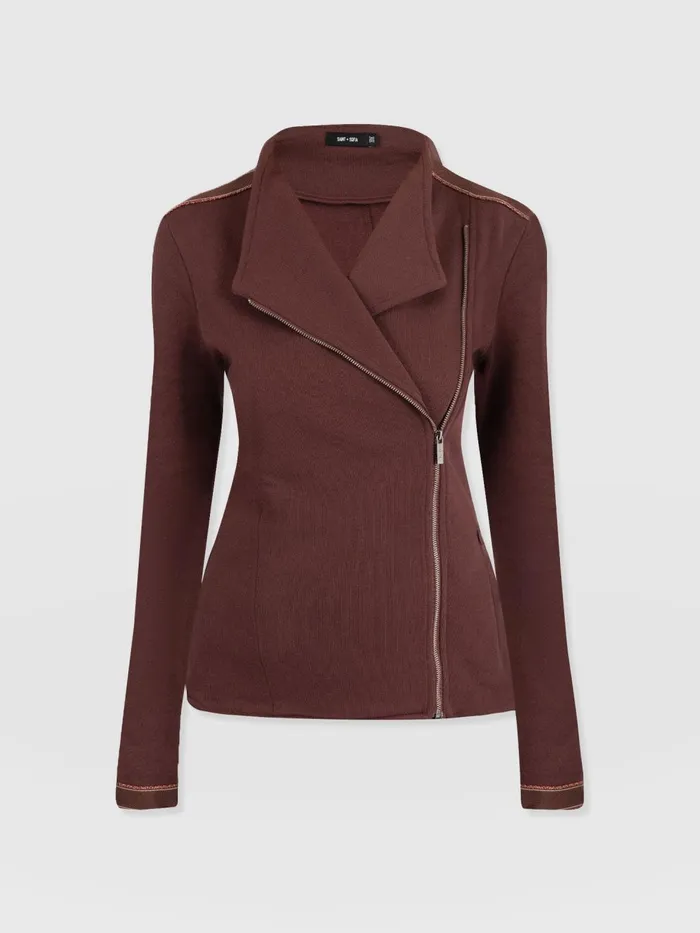 Saint And Sofia Coats and Jackets Women Cotton Biker Jacket 8211 Maroon 8211 Bronze Stripe Bronze Stripe
