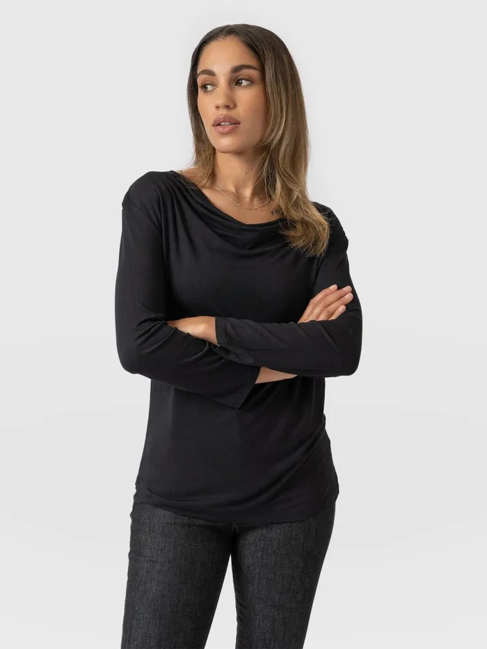Saint And Sofia TShirts and Tanks Women Cowl Neck Tee Long Sleeve 8211 Black Black