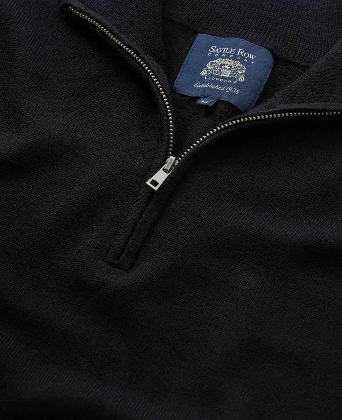 Savile Row Company Black Merino Wool Zip Neck Jumper Black Men Casual Tops