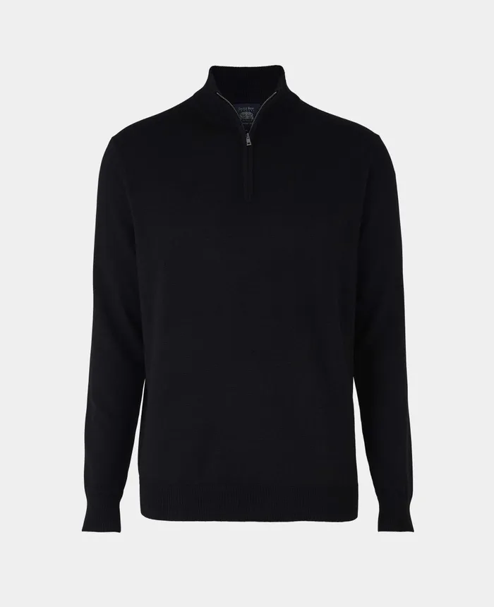 Savile Row Company Black Merino Wool Zip Neck Jumper Black Men Casual Tops