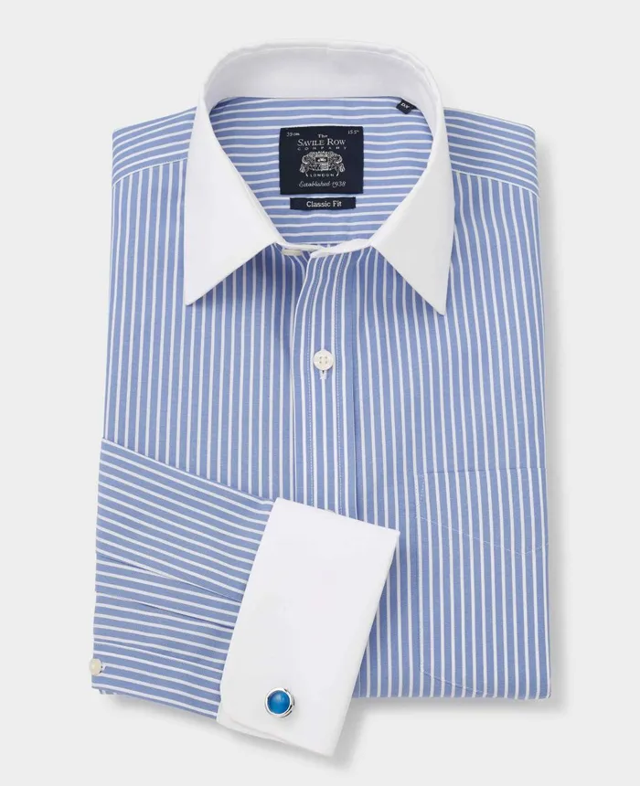 Savile Row Company Blue White Stripe Classic Fit NonIron Formal Shirt With White Collar and Cuffs 8211 Double Cuff Men NonIron Shirts Savile Row Company Blue White Stripe Classic Fit NonIron Formal Shirt With White Collar and Cuffs 8211 Double Cuff Men NonIron Shirts
