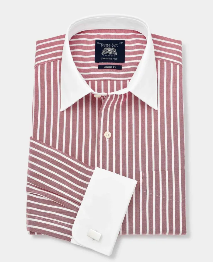 Savile Row Company Dark Red White Stripe Classic Fit Shirt With White Collar and Cuffs 8211 Double Cuff Dark Red Stripe Men Formal Shirts Savile Row Company Dark Red White Stripe Classic Fit Shirt With White Collar and Cuffs 8211 Double Cuff Dark Red Stripe Men Formal Shirts