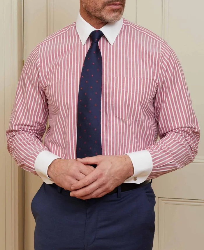 Savile Row Company Dark Red White Stripe Classic Fit Shirt With White Collar and Cuffs 8211 Double Cuff Dark Red Stripe Men Formal Shirts Savile Row Company Dark Red White Stripe Classic Fit Shirt With White Collar and Cuffs 8211 Double Cuff Dark Red Stripe Men Formal Shirts