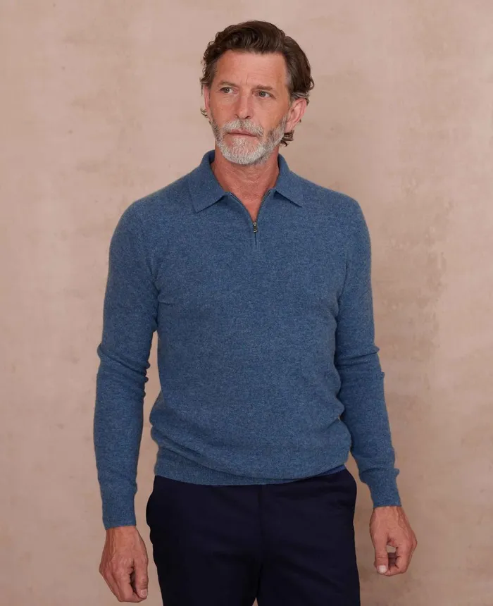 Savile Row Company Navy Blue Merino Wool Cashmere Zip Neck Long Sleeve Polo Shirt Indigo Men Knitwear Savile Row Company Navy Blue Merino Wool Cashmere Zip Neck Long Sleeve Polo Shirt Indigo Men Knitwear