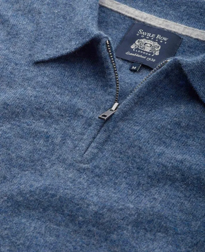 Savile Row Company Navy Blue Merino Wool Cashmere Zip Neck Long Sleeve Polo Shirt Indigo Men Knitwear Savile Row Company Navy Blue Merino Wool Cashmere Zip Neck Long Sleeve Polo Shirt Indigo Men Knitwear