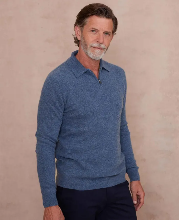 Savile Row Company Navy Blue Merino Wool Cashmere Zip Neck Long Sleeve Polo Shirt Indigo Men Knitwear Savile Row Company Navy Blue Merino Wool Cashmere Zip Neck Long Sleeve Polo Shirt Indigo Men Knitwear