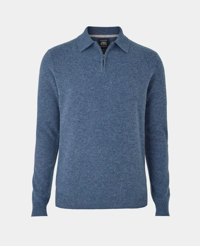 Savile Row Company Navy Blue Merino Wool Cashmere Zip Neck Long Sleeve Polo Shirt Indigo Men Knitwear Savile Row Company Navy Blue Merino Wool Cashmere Zip Neck Long Sleeve Polo Shirt Indigo Men Knitwear