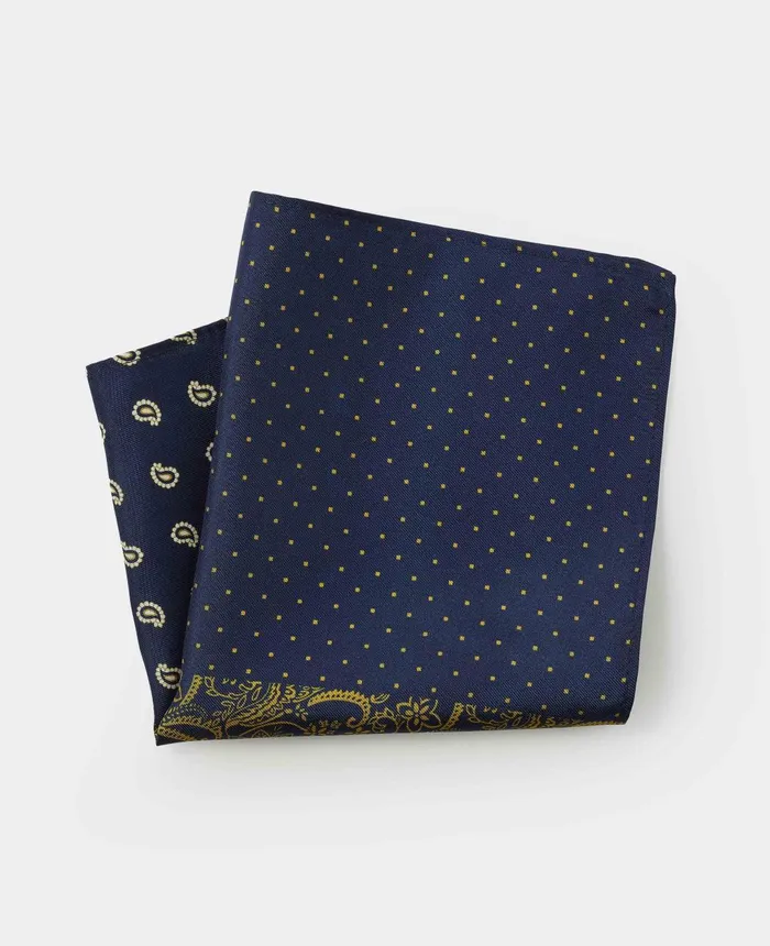 Savile Row Company Navy Gold 4 In 1 Silk Pocket Square Navy Gold Men Pocket Squares