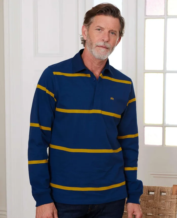 Savile Row Company Navy Gold Stripe Heavyweight Cotton Jersey Rugby Shirt Navy Gold Men Casual Tops Savile Row Company Navy Gold Stripe Heavyweight Cotton Jersey Rugby Shirt Navy Gold Men Casual Tops