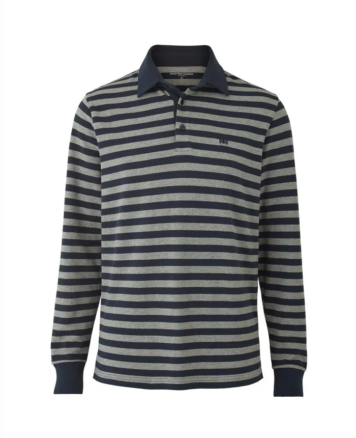 Savile Row Company Navy Grey Stripe Long Sleeve Polo Shirt Men Polo Shirts
