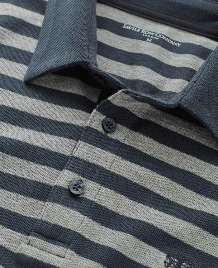 Savile Row Company Navy Grey Stripe Long Sleeve Polo Shirt Men Polo Shirts