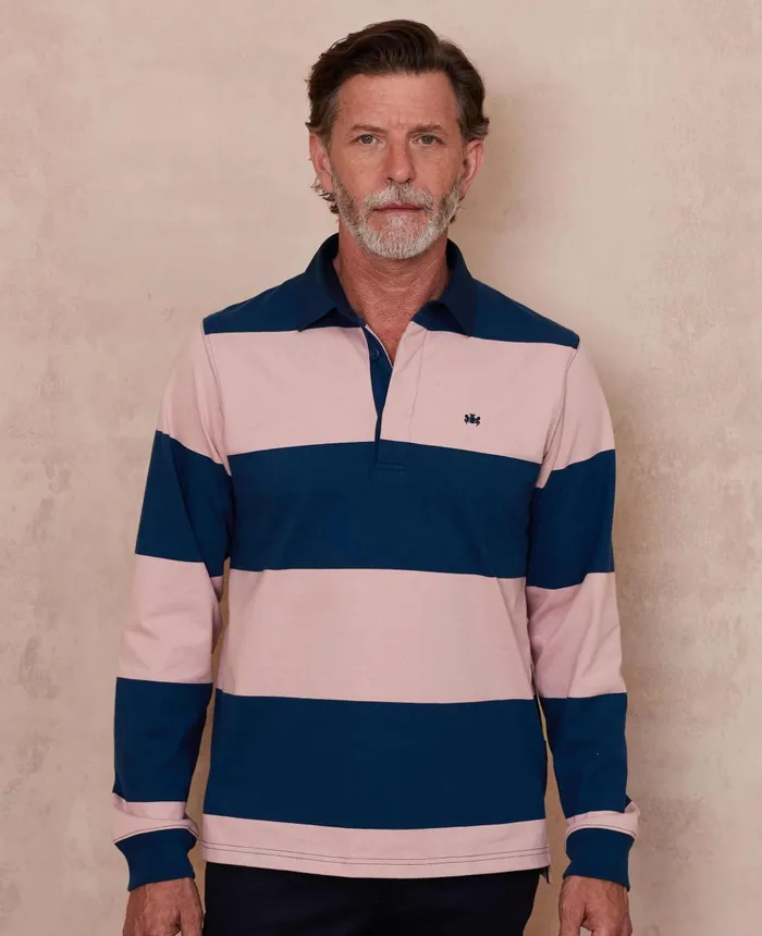 Savile Row Company Navy Pink Stripe Heavyweight Cotton Jersey Rugby Shirt Men Casual Tops Savile Row Company Navy Pink Stripe Heavyweight Cotton Jersey Rugby Shirt Men Casual Tops