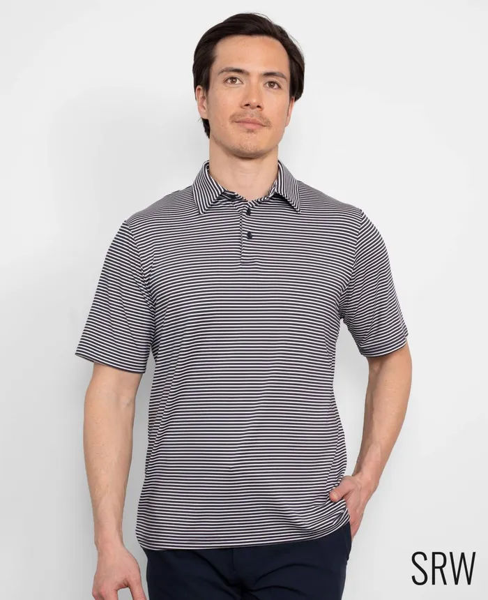 Savile Row Company Navy White Stripe Short Sleeve Active Polo Shirt Navy White Stripe Men Polo Shirts