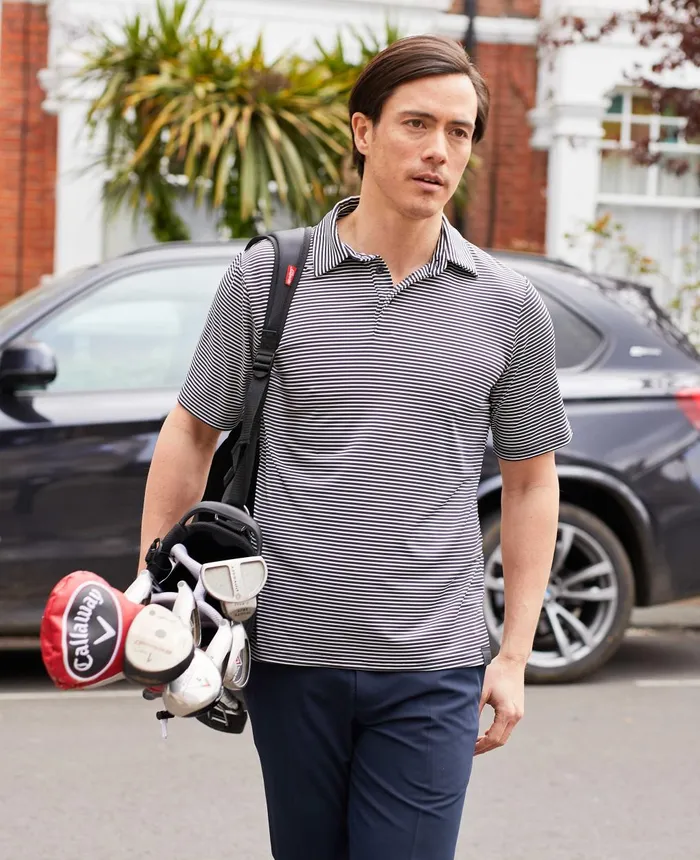 Savile Row Company Navy White Stripe Short Sleeve Active Polo Shirt Navy White Stripe Men Polo Shirts