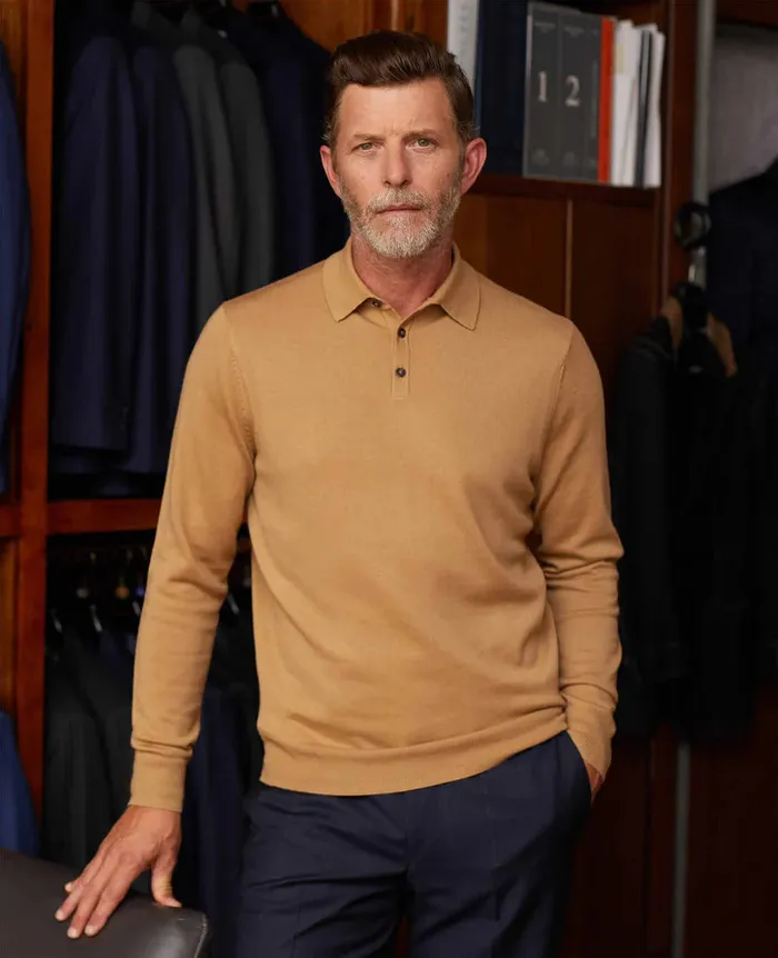 Savile Row Company Tan Merino Wool Knitted Polo Shirt Tan Men Casual Tops