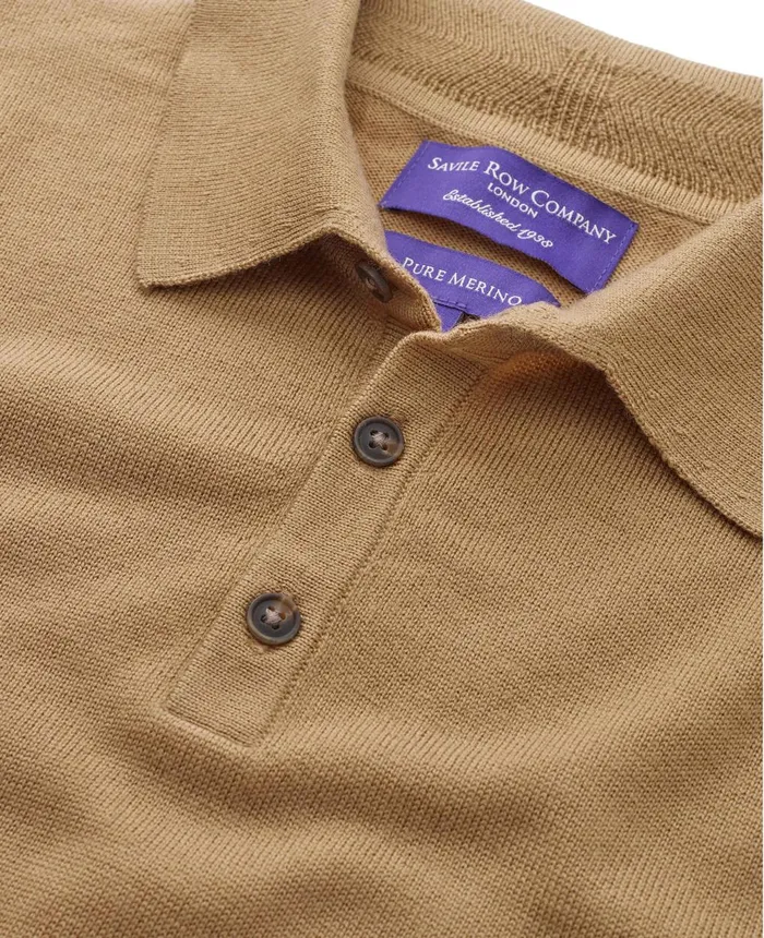 Savile Row Company Tan Merino Wool Knitted Polo Shirt Tan Men Casual Tops