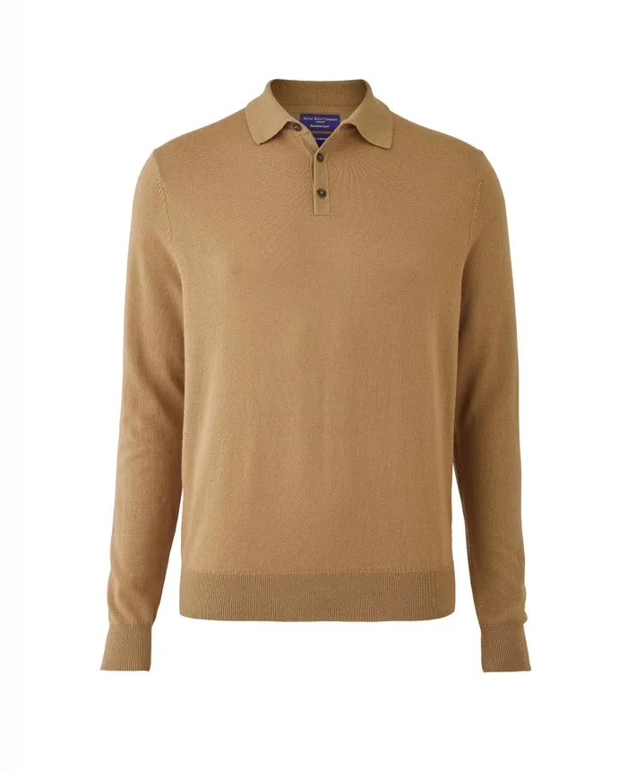 Savile Row Company Tan Merino Wool Knitted Polo Shirt Tan Men Casual Tops