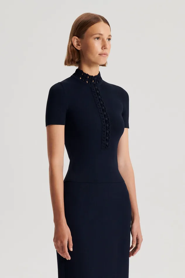 Scanlan Theodore CREPE KNIT DAISY SHORT SLEEVE TOP NAVY Women Tops Scanlan Theodore CREPE KNIT DAISY SHORT SLEEVE TOP NAVY Women Tops