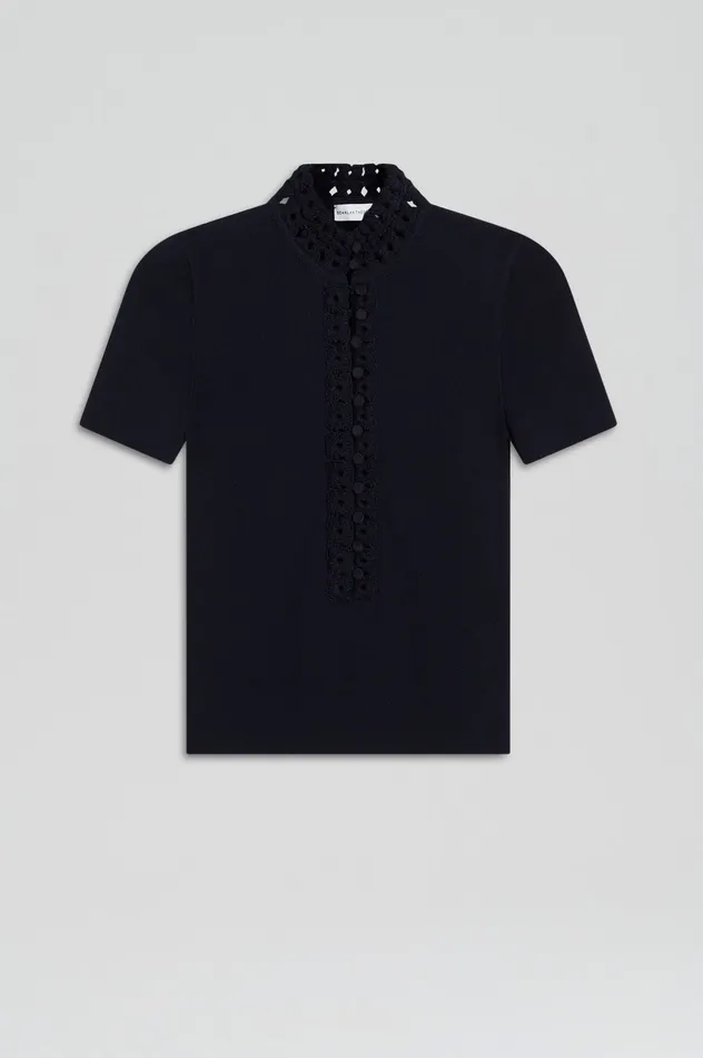 Scanlan Theodore CREPE KNIT DAISY SHORT SLEEVE TOP NAVY Women Tops Scanlan Theodore CREPE KNIT DAISY SHORT SLEEVE TOP NAVY Women Tops