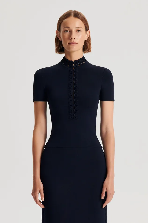 Scanlan Theodore CREPE KNIT DAISY SHORT SLEEVE TOP NAVY Women Tops Scanlan Theodore CREPE KNIT DAISY SHORT SLEEVE TOP NAVY Women Tops