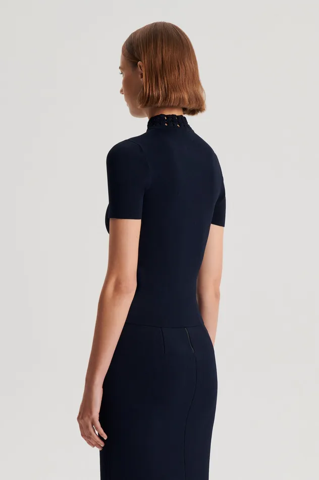 Scanlan Theodore CREPE KNIT DAISY SHORT SLEEVE TOP NAVY Women Tops Scanlan Theodore CREPE KNIT DAISY SHORT SLEEVE TOP NAVY Women Tops