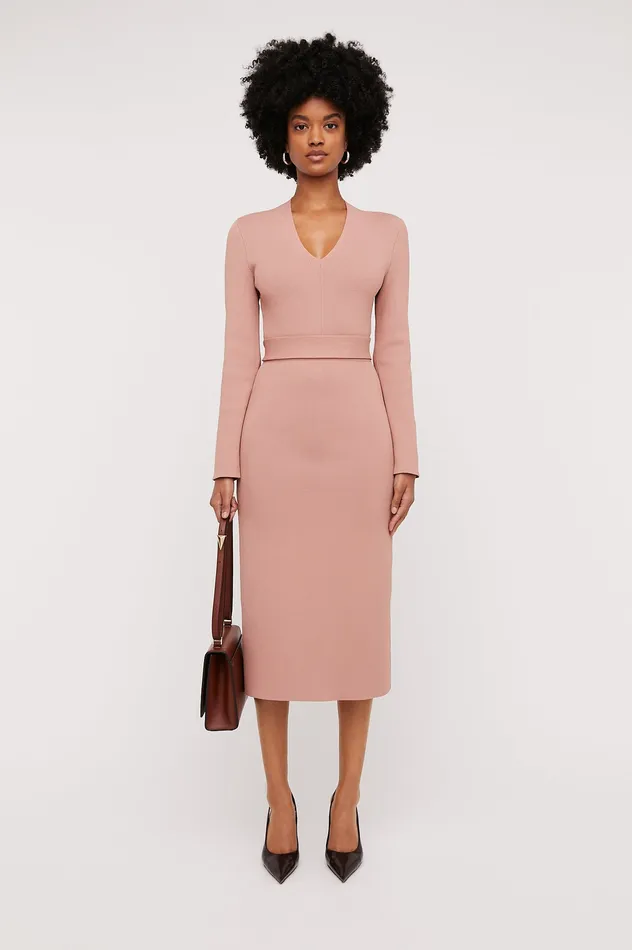 Scanlan Theodore CREPE KNIT LONG SLEEVE V NECK DRESS POWDER Women Dresses